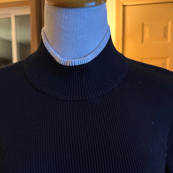 Calvin Klein Black Turtleneck Sweater white ruffle trim at neck cuffs bottom XL - Picture 3 of 8